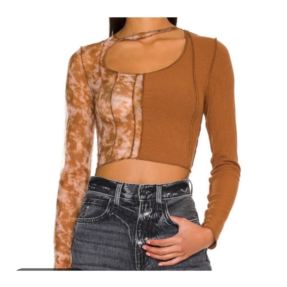Superdown Revolve Brown Tie Dye Mesh Cutout Crop Top Long Sleeve XS